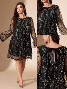 Comfylo Plus Size Fashion Party Sequin Fringe Mesh Dress Fall Christmas - Black - View 6