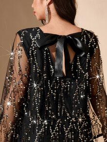 Comfylo Plus Size Fashion Party Sequin Fringe Mesh Dress Fall Christmas - Black - View 5
