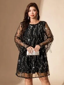 Comfylo Plus Size Fashion Party Sequin Fringe Mesh Dress Fall Christmas - Black - View 3