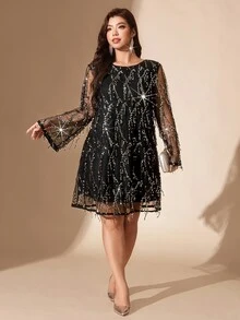 Comfylo Plus Size Fashion Party Sequin Fringe Mesh Dress Fall Christmas - Black - View 7