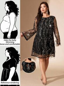 Comfylo Plus Size Fashion Party Sequin Fringe Mesh Dress Fall Christmas - Black - View 4