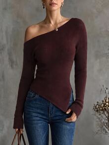 LUMIGAL Women's Autumn/Winter Solid Color One Shoulder Long Sleeve Asymmetric Hem Fashion Sweater - Brown - View 4