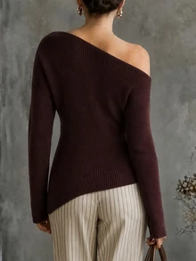 LUMIGAL Women's Autumn/Winter Solid Color One Shoulder Long Sleeve Asymmetric Hem Fashion Sweater - Brown - View 2