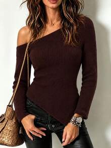 LUMIGAL Women's Autumn/Winter Solid Color One Shoulder Long Sleeve Asymmetric Hem Fashion Sweater - Brown - View 3