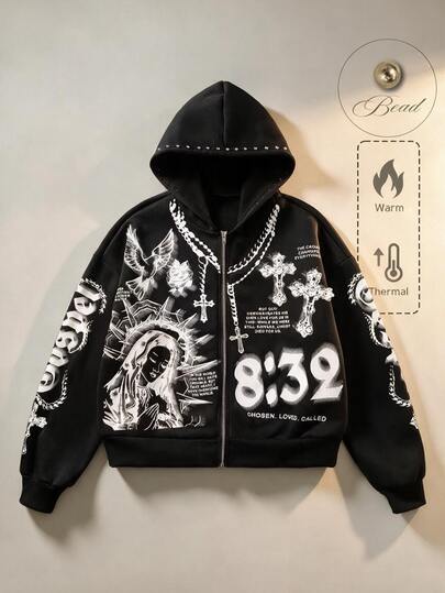 Rivet Decor Printed Pattern Loose Sweatshirt Street Retro