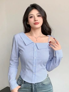 DAZY Striped Long Sleeve Open Shoulder Women's Shirt Summer - Blue - View 2