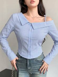 DAZY Striped Long Sleeve Open Shoulder Women's Shirt Summer - Blue - View 3