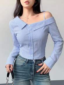 DAZY Striped Long Sleeve Open Shoulder Women's Shirt Summer - Blue - View 4