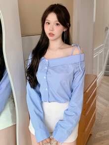 DAZY Striped Long Sleeve Open Shoulder Women's Shirt Summer - Blue - View 9