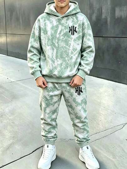 Tween Boys Gradient Denim Effect-Effect Logo‑Print Hoodie & Matching Jogger Pants 2‑Piece Streetwear Outfit