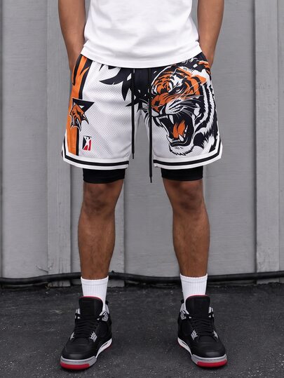 Gym Rark Men's Tiger Print Drawstring Waist Sports Shorts, Running, Workout, Outdoor Casual