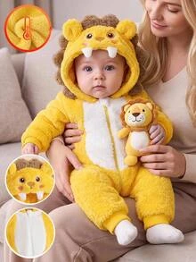 SHEIN Newborn Baby Boy Cute 3D Tiger Design Plush Thick Fabric Zip-Up One-Piece Long Autumn Pants Suitable For Winter - Yellow - View 7