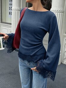 Selianne 標準尺寸女款秋冬抓皺腰部蕾絲飾邊拼接休閒優雅通勤T恤 辦公室早午餐米色秋季 - 藏蓝色 - 查看 3