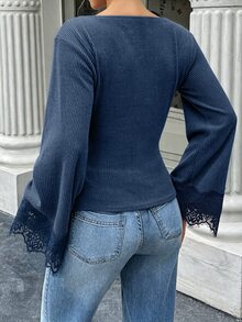 Selianne 標準尺寸女款秋冬抓皺腰部蕾絲飾邊拼接休閒優雅通勤T恤 辦公室早午餐米色秋季 - 藏蓝色 - 查看 2
