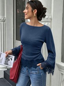 Selianne 標準尺寸女款秋冬抓皺腰部蕾絲飾邊拼接休閒優雅通勤T恤 辦公室早午餐米色秋季 - 藏蓝色 - 查看 5