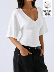 LYSMO Women's 95 Cotton Flared Sleeve Shirt, White Summer Casual Basic Modest Deep V-Neck Elegant Fashionable Solid Color Top Commuting Home Wear Office - Multicolor - View 6