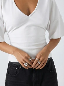 LYSMO Women's 95 Cotton Flared Sleeve Shirt, White Summer Casual Basic Modest Deep V-Neck Elegant Fashionable Solid Color Top Commuting Home Wear Office - Multicolor - View 5