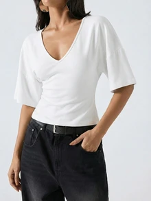 LYSMO Women's 95 Cotton Flared Sleeve Shirt, White Summer Casual Basic Modest Deep V-Neck Elegant Fashionable Solid Color Top Commuting Home Wear Office - Multicolor - View 3