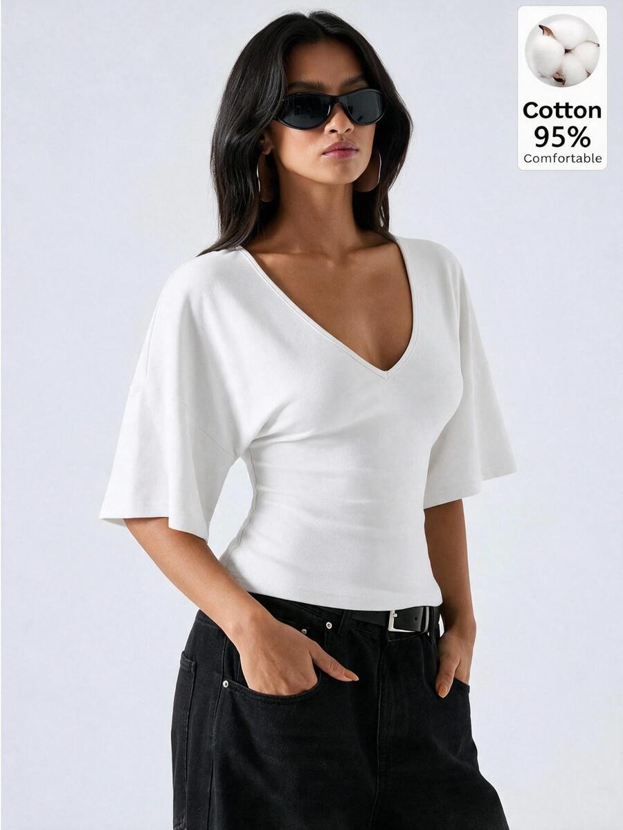LYSMO Women's 95 Cotton Flared Sleeve Shirt, White Summer Casual Basic Modest Deep V-Neck Elegant Fashionable Solid Color Top Commuting Home Wear Office - Multicolor - View 1