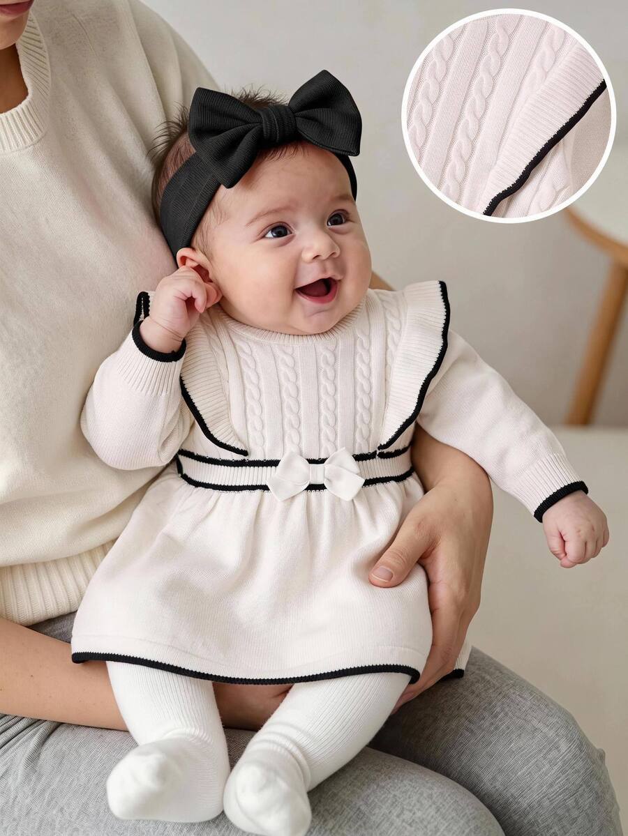 SHEIN Baby Girl Ruffle Collar Vintage Jacquard Waist-Cinching Bow Decor A-Line Long Sleeve Thick Elastic Knit Autumn Dress, Suitable For Winter - White - View 1