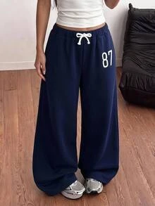 SHEIN 青少年女孩數字印花簡約休閒長褲，秋冬款 - 藏蓝色 - 查看 2