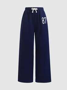 SHEIN 青少年女孩數字印花簡約休閒長褲，秋冬款 - 藏蓝色 - 查看 6