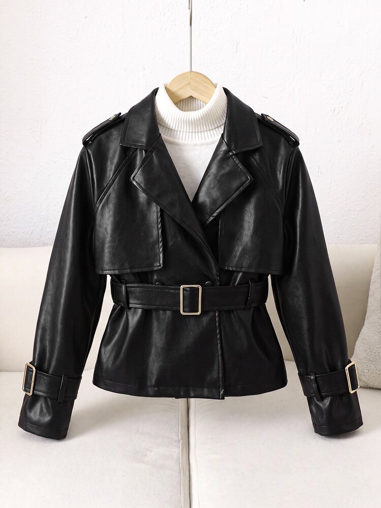 SHEIN Mantel Trench Kulit PU Elegan dengan Potongan Longgar dan Pinggang untuk Anak Perempuan Remaja, Cocok untuk Musim Gugur/Dingin - Hitam - View 9