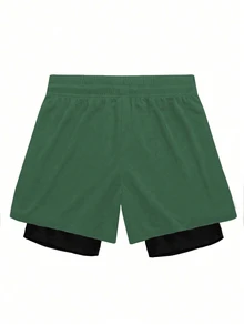 Sport MetroGents 1pc Boyfriend Style Men's Letter Print Drawstring Waist 2 In 1 Sports Shorts - Green - View 3