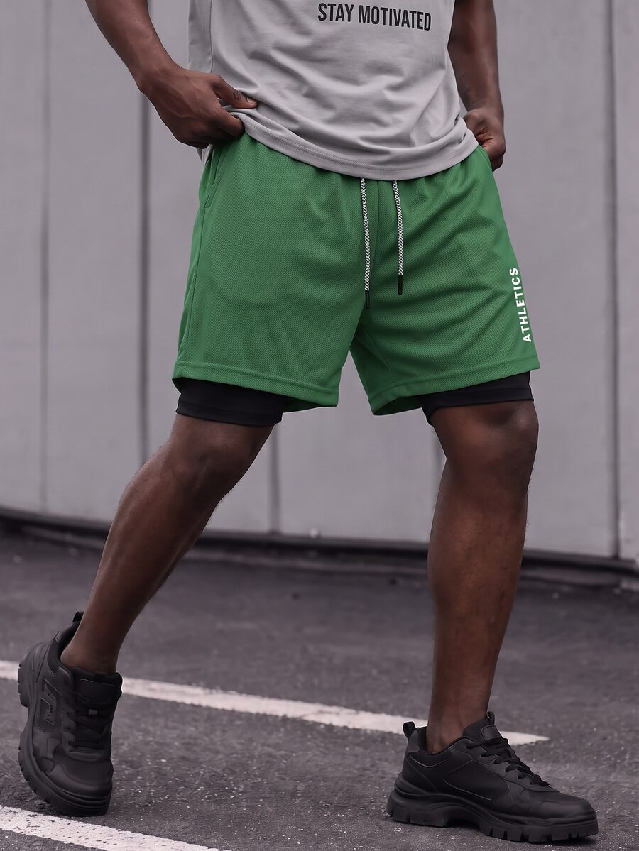 Sport MetroGents 1pc Boyfriend Style Men's Letter Print Drawstring Waist 2 In 1 Sports Shorts - Green - View 1