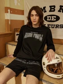 Sport MetroGents 男友风男士字母印花简约圆领卫衣长袖卫衣短裤套装 - 黑色 - 查看 6