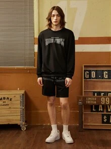 Sport MetroGents 男友风男士字母印花简约圆领卫衣长袖卫衣短裤套装 - 黑色 - 查看 4