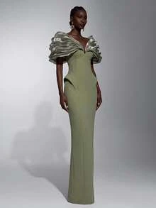 Elitara Elegante falda recta de lujo verde oliva con diseño de volantes en capas y bajo ondulado, elástica, adecuada para eventos de boda, despedida de soltera, vacaciones, baile, fiesta de noche, fiesta de cóctel, vestido formal de noche para mujer - Verde Oliva - Ver 6