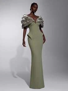 Elitara Elegante falda recta de lujo verde oliva con diseño de volantes en capas y bajo ondulado, elástica, adecuada para eventos de boda, despedida de soltera, vacaciones, baile, fiesta de noche, fiesta de cóctel, vestido formal de noche para mujer - Verde Oliva - Ver 1