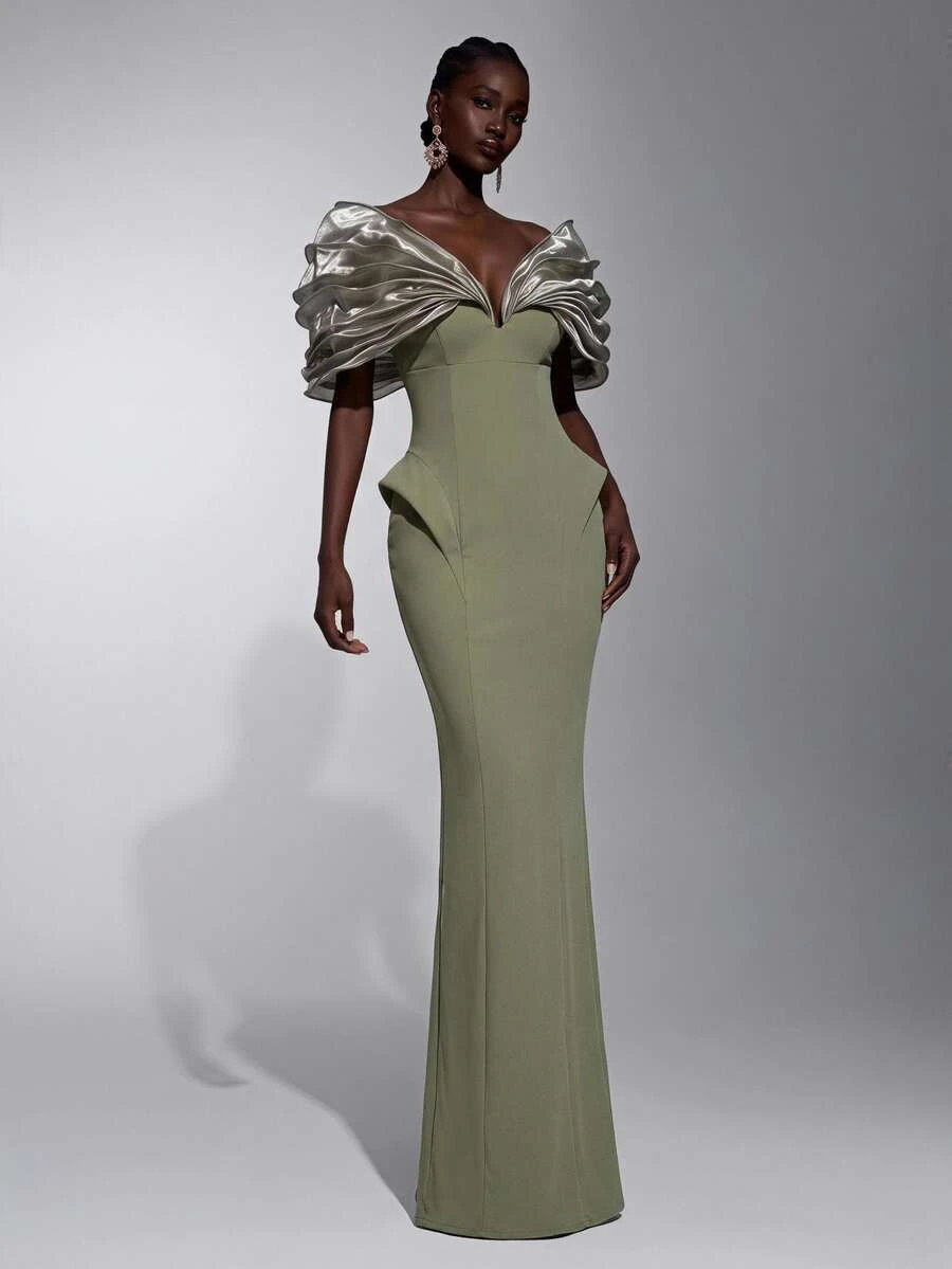 Elitara Elegante falda recta de lujo verde oliva con diseño de volantes en capas y bajo ondulado, elástica, adecuada para eventos de boda, despedida de soltera, vacaciones, baile, fiesta de noche, fiesta de cóctel, vestido formal de noche para mujer - Verde Oliva - Ver 1