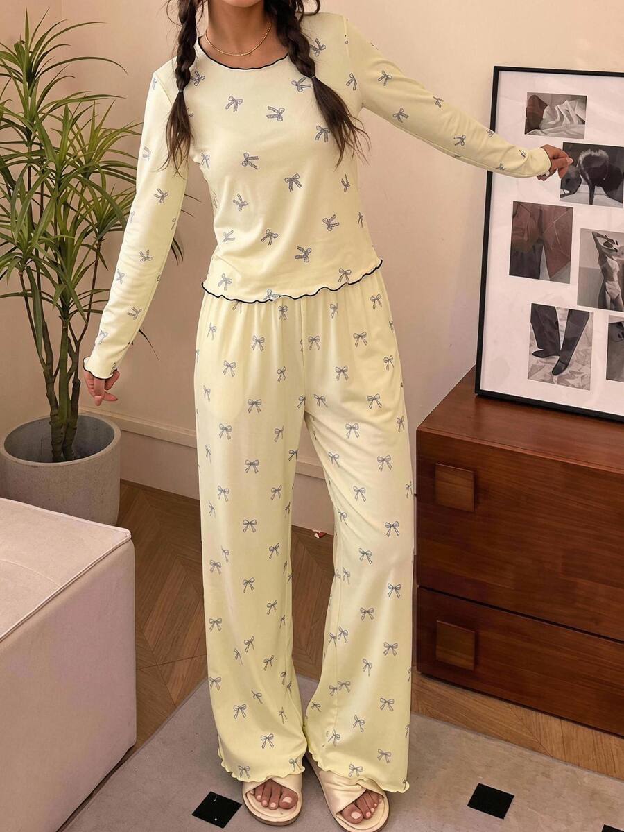 SHEIN 青少年女孩蝴蝶結印花長袖上衣與長褲家居服套裝 - 彩色 - 查看 1