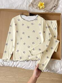 SHEIN 青少年女孩蝴蝶結印花長袖上衣與長褲家居服套裝 - 彩色 - 查看 3