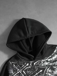 ROMWE MEN Street Life Men's Dark Gothic Cross Print Loose Fit Hoodie - Black - View 2