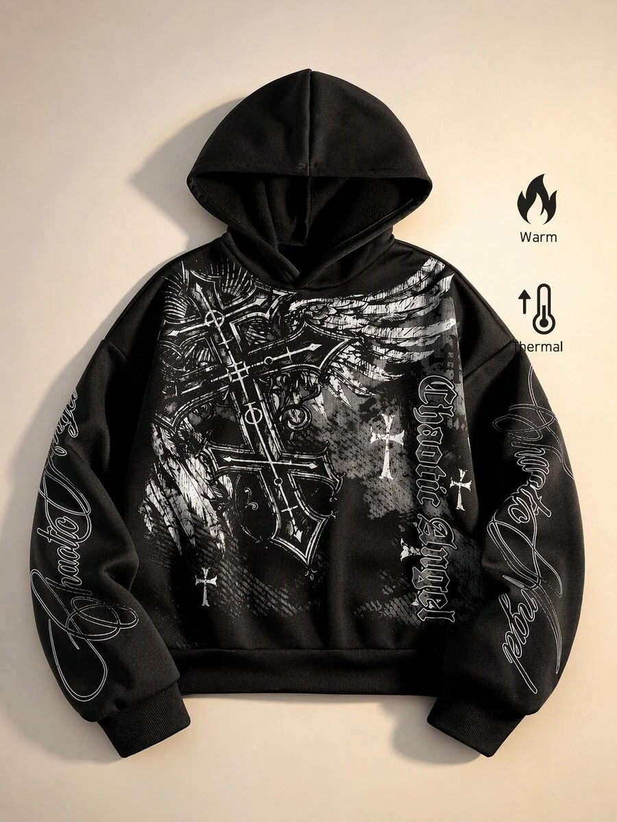 ROMWE MEN Street Life Men's Dark Gothic Cross Print Loose Fit Hoodie - Black - View 1