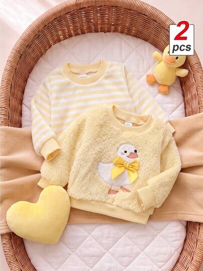 SHEIN 2pcs Toddler Baby Girls Sweatshirts Tops Cream Yellow Stripes Duck Graphic Faux Fur Knit Ribbed Bow Long Sleeve Round Neck Winter Big Sister