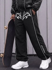 Sport MetroGents Men's Letter Print Drawstring Waist Sports Pants, Gym - Black - View 1
