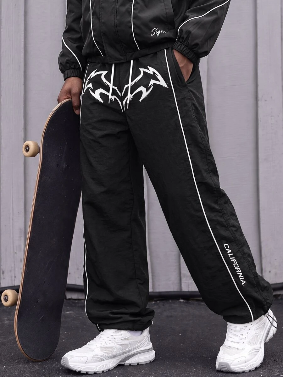 Sport MetroGents Men's Letter Print Drawstring Waist Sports Pants, Gym - Black - View 1