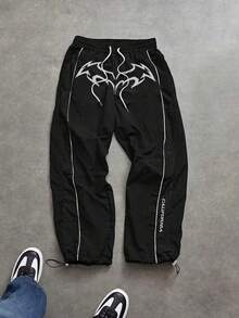 Sport MetroGents Men's Letter Print Drawstring Waist Sports Pants, Gym - Black - View 2