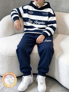 青少年男孩街頭風圖案時尚簡約落葉字母印花拼色秋冬連帽衛衣套裝 運動校園學生灰色 - 彩色 - 查看 4
