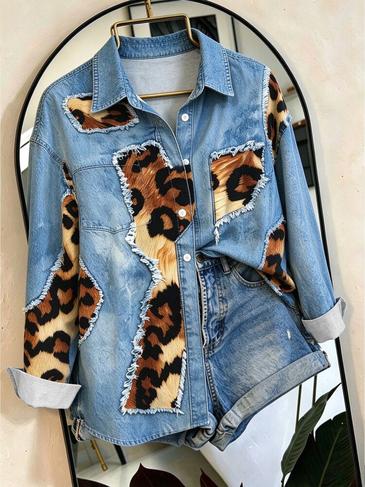 Franclia Women's Leopard Print Patchwork Denim Effect Print Shirt - Multicolor - View 1