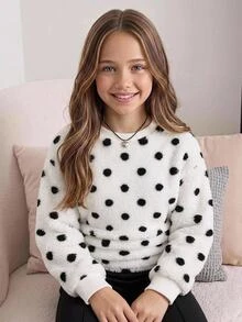 SHEIN 女童青少年女孩秋冬休閒抓絨圓點印花圓領套頭寬鬆抽褶長袖衛衣兒童抓絨上衣 - 黑與白 - 查看 1