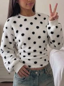 SHEIN 女童青少年女孩秋冬休閒抓絨圓點印花圓領套頭寬鬆抽褶長袖衛衣兒童抓絨上衣 - 黑與白 - 查看 6