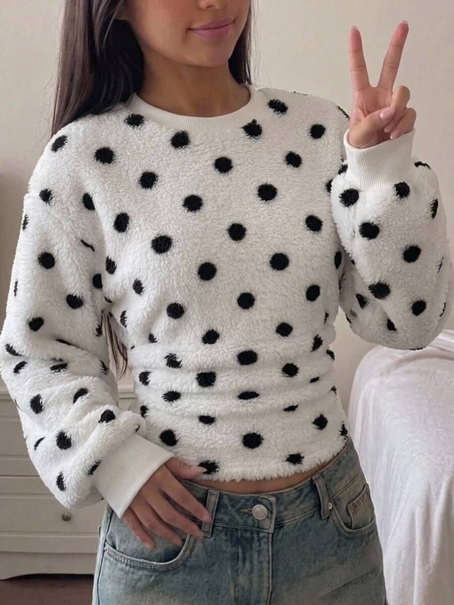 SHEIN Tween Girl Girls Autumn/Winter Casual Fleece Polka Dot Print Crew Neck Pullover Loose Ruched Long Sleeve Sweatshirt Children's Fleece Top - Black and White - View 1