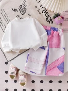 SHEIN 女嬰秋冬針織圓領T恤粉藍愛心圖案裝飾牛仔風長褲兩件套運動時尚甜酷女孩套裝 - 白色 - 查看 3