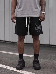 Sport MetroGents 男士蜘蛛圖案印花抽繩腰口袋運動短褲，健身房適用 - 黑色 - 查看 1
