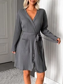 SHEIN PLUS Women Cotton Rib Knit Long Sleeve Ruffle Trim Belted Robe With Pocket Comfortable Homewear - Grey - View 3